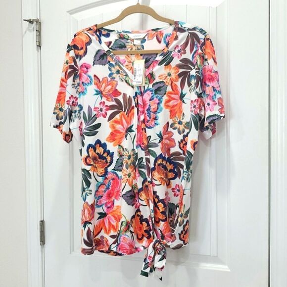 NWT Christopher & Banks XL Side Tie  Tropical Floral Tee - Picture 1 of 6